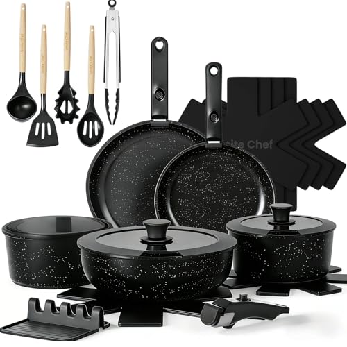 Umite Chef 21Pcs Pots and Pans Set Non Stick, Nonstick Cookware Sets Detachable Handle, Non Toxic Induction RV Kitchen Cooking Set, Dishwasher/Oven Safe, Fridge Safe, Space Saving(Black)