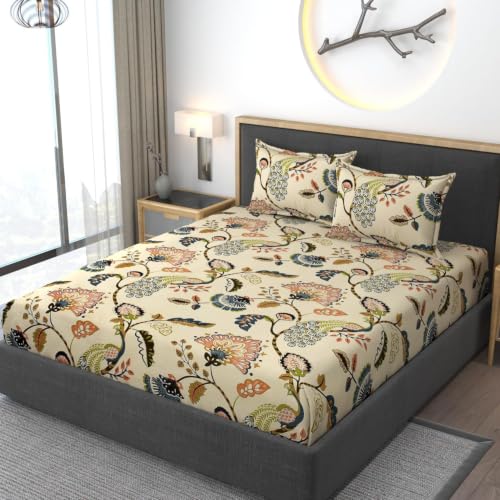 Image of Vram Premium Heavy Cotton Elastic Fitted Bedsheets with 2 King Size Pillow Covers | Diwan Bed with All Around Elastic 350 TC | 48 x 78 x 8 Inch Diwan Size Fitted | :- Jaipuri Peacock