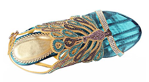 Honeystore Women's Rhinestone Peacock Patterned Handmade Sandals with Chunky Heel4