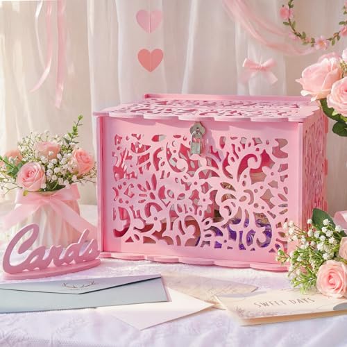Image of Pink Wedding Card Box with Lock, PVC Gift Card Box for Wedding Reception Decorations, Exquisite DIY Money Envelope Card Box for Party Graduation Birthday Baby Shower Wedding Decor