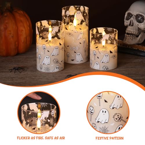 Image of White Ghost Halloween Flameless Pillar Candles with Remote Set of 3 | Flickering LED Candles in Glass Jars, 2 AA Battery Power, Holiday Home Table Shelf Decor & Gift