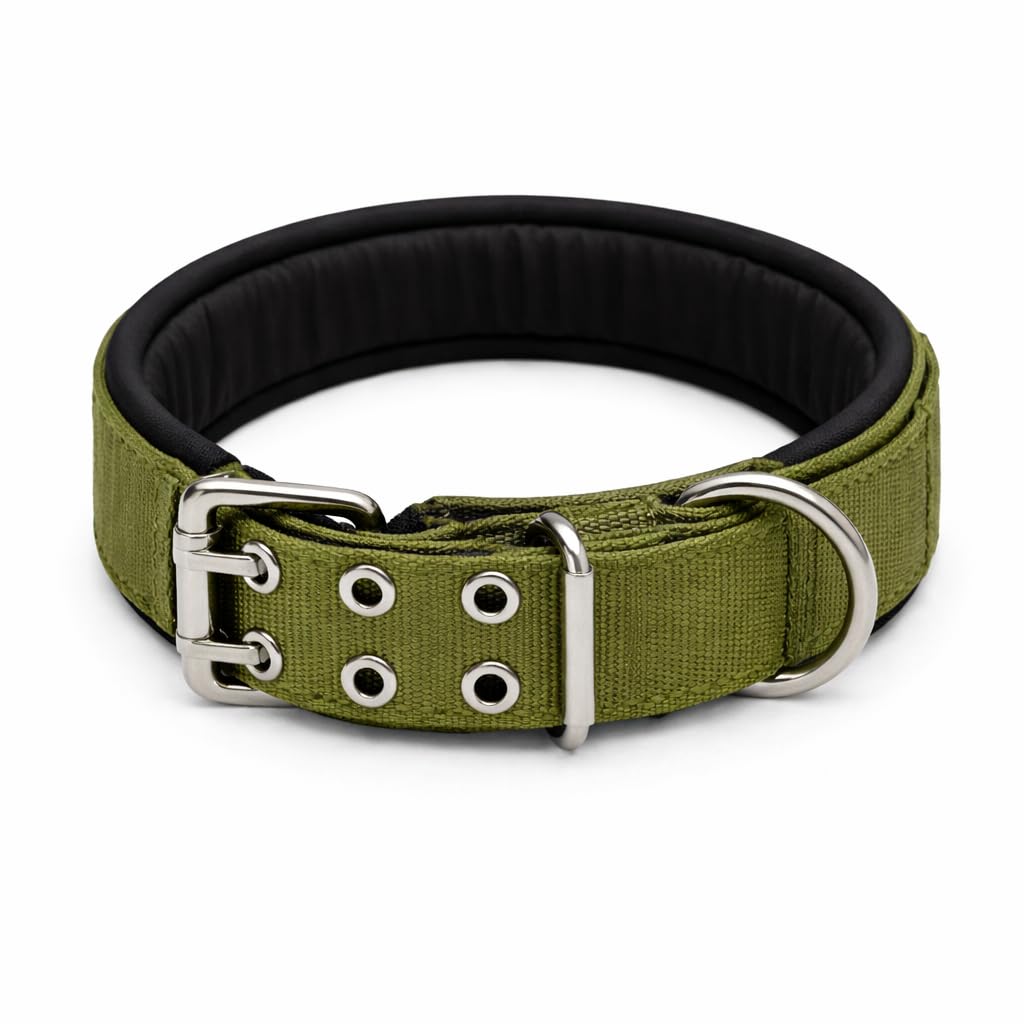 Vijv Toys Soft Padded Double Pin Tactical Dog Collar | Heavy Duty Adjustable Dog Collar with Metal Buckles | Strong Training & Walking Collar for Dogs (Olive Green, M)