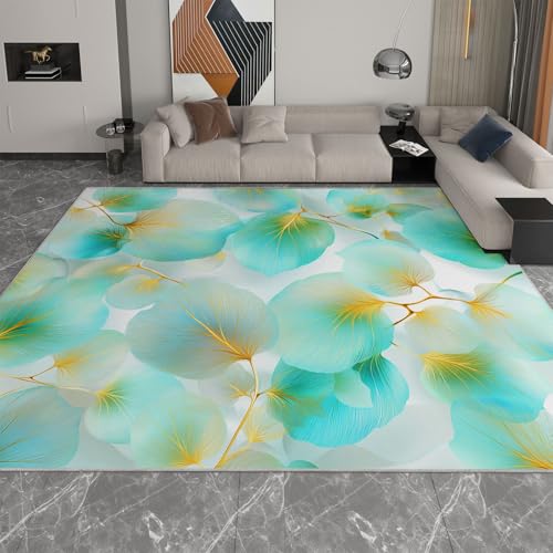 Azul Alfombras Lavables para Sala de Estar, 140 x 200 cm Minimalist Alfombra Antideslizante de Pelo Corto Líneas Hojas Estampado para Comedor Oficina Dormitorio