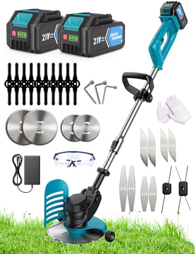 Strimmer Cordless Grass Trimmer, 8000mAh Powerful Electric Battery Life of 90-120 Mins, Lightweight Height Adjustable Strimmer with 12 Metal Blades, Security Lock, Weed/Tree/Shrubs/Crop/Lawn Trimmer