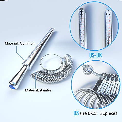 Ring Mandrel Sizer And Finger Ring Sizing Measuring Tool (Size 0-15) ，With A 4-Layer Silver Polishing Cloth, Plastic Ring Size Belt, Complete Storage Box(Blue) #TOP1