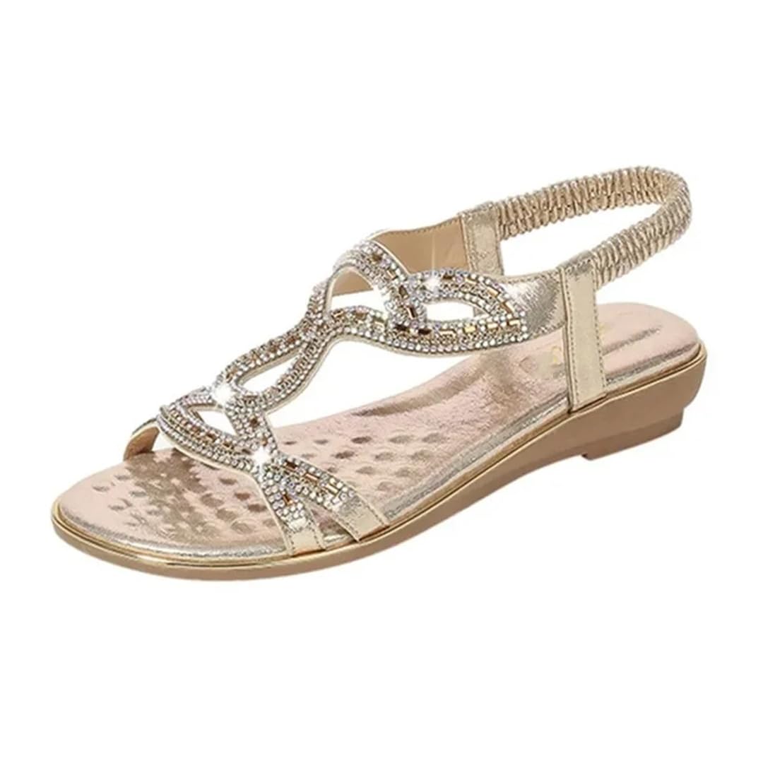 Sandalias básicas de poliuretano con diamantes de imitación para mujer, con banda elástica frontal y correa trasera, tacón de cuña, parte superior de poliuretano, sandalias de verano bohemias