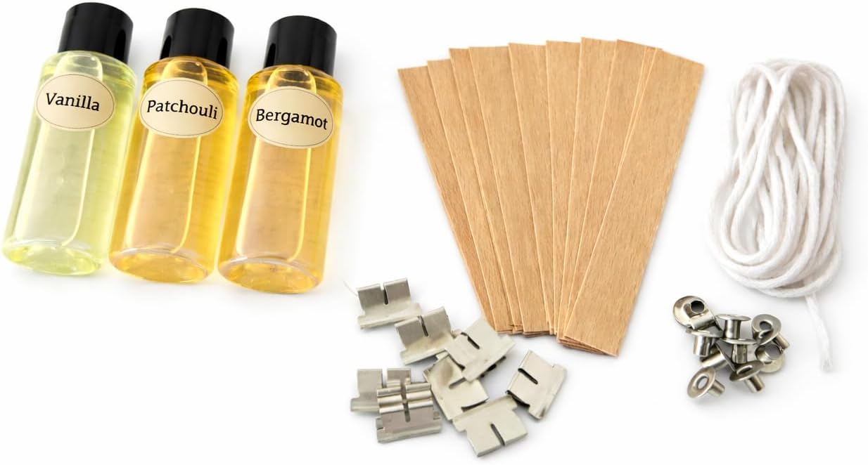 NS-era Mum Yapım Seti 30 ml Paçuli 30 ml Vanilya ve 30 ml Bergamot Esans, Ahşap fitil ve İp fitil