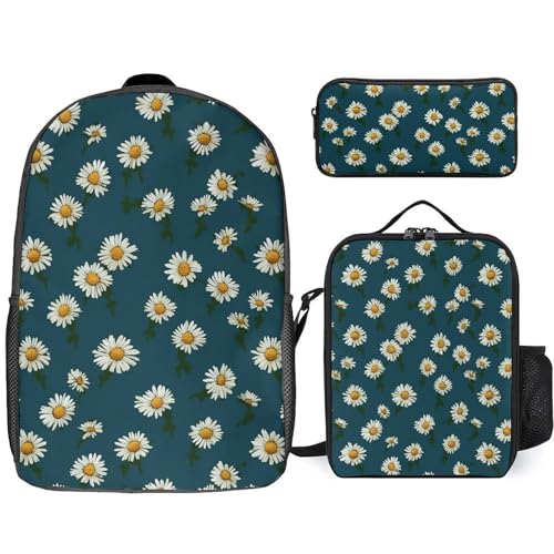 3 Piece Backpack for Women Men Lightweight Causal Daypack Shoulder Bag Set with Insulated Lunch Bag And Pencil Case Organizers Small Daisy