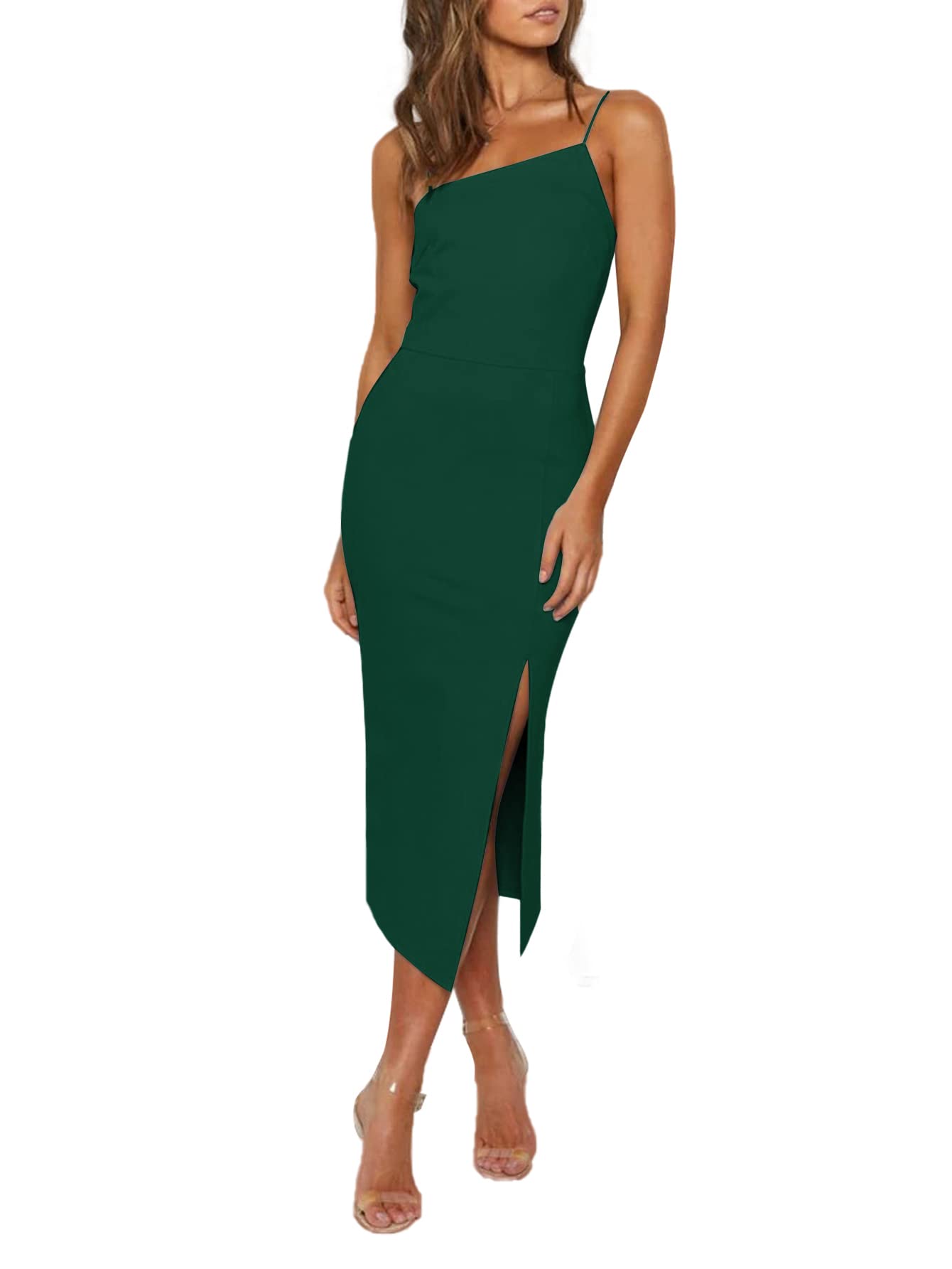 LYANER Women's Spaghetti Straps Split Slit Hem Sleeveless Zipper Bodycon Midi Dress Dark Green Medium