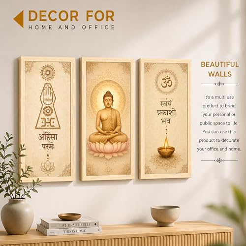 Image of Lord Buddha Jain Wall Art Painting for Living Room, Set of 3 Vastu Wall Art for Home Decor for Living Room, Bedroom, Hallways, Office, Hotel (Size-24x48 cm)