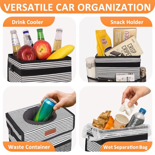 Image of Vankor Car Trash Can with Lid , 100% Leak-Proof Vehicle Trash Can Hanging Car Garbage Can for Back Seat Multipurpose Car Trash Bag Stripe
