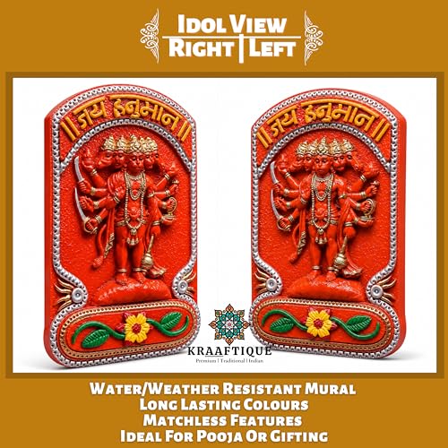 Image of Sindoori Panchmukhi Hanuman Wall Hanging Idol for Home Decor | Marble Dust Hanuman Ji Murti for Pooja Room Temple Entrance Vastu Gift | Orange Glossy Finish