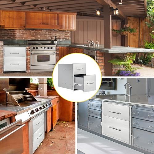 Image of Outdoor Kitchen Drawers 14 inch W x 21 inch H x 21 inch D Flush Mount Double BBQ Drawers with Chrome Handle Stainless Steel Drawer for Outdoor Kitchen Island, Patio Grill Station
