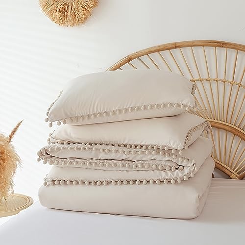 YIRDDEO Queen Comforter Set - Comforter Queen Size Sets with Ball Pom Fringe, Soft Bedding Set for All Seasons - 3 Pieces, 1 Comforter (90"x90") & 2 Pillow Shams (20"x26"), Beige