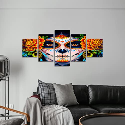 Sugar Skull Girl's Face Canvas Paintings Wall Art Day Of The Dead Dia De Los Muertos Artwork Modern Home Decor Saints Day Halloween Wall Art Set Of 5 Wooden Framed Ready To Hang-50 Inch X 24 Inch #TOP3