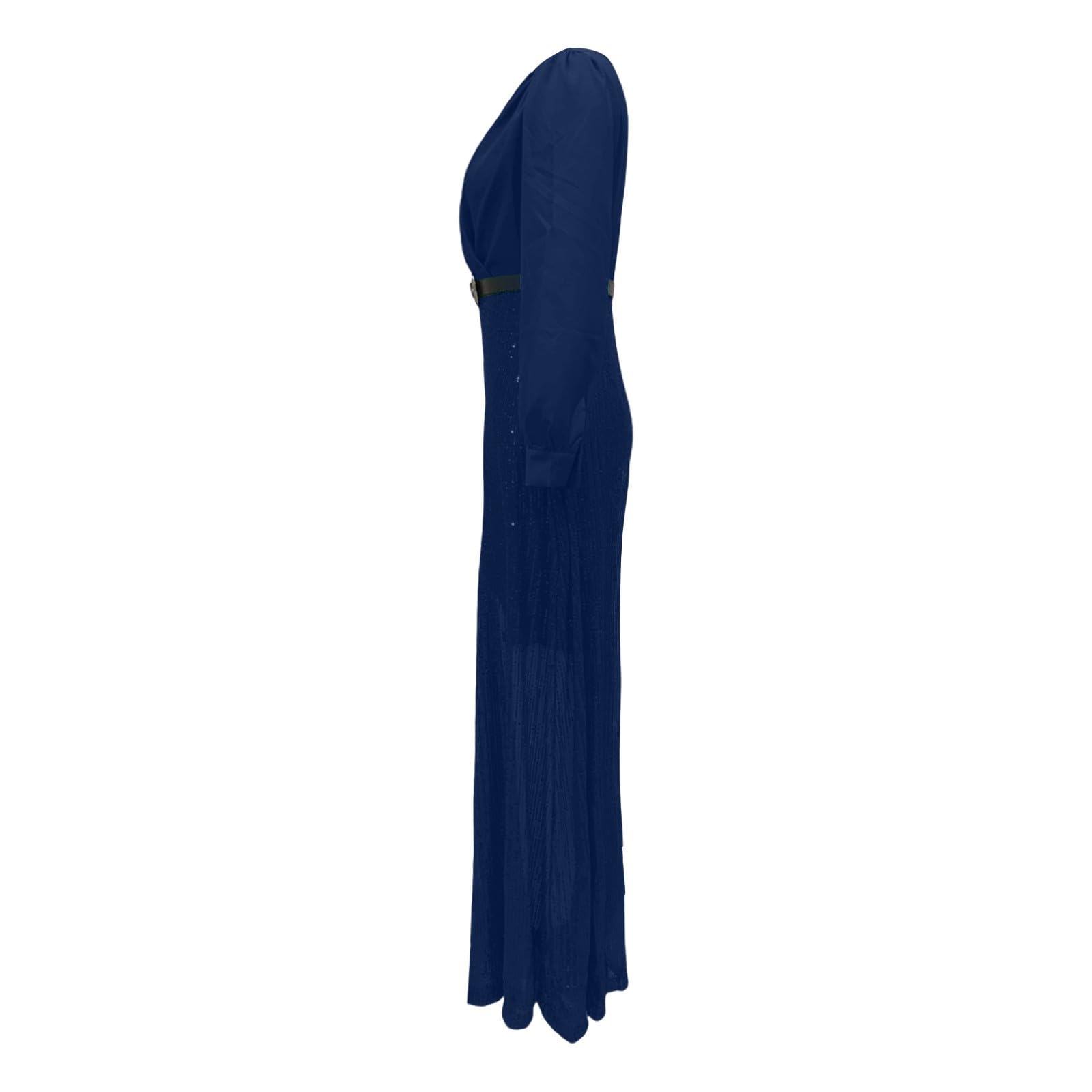 Vestido brillante para mujer, largo en V, vestido de cóctel, manga larga, vestido de fiesta, vestido de lentejuelas, con cinturón, corte ajustado, vestido de fiesta, elegante, vestido festivo, mono