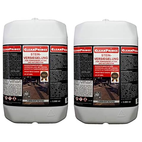CleanPrince 2x5 Liter= 10 Liter Steinversiegelung für Terrassenplatten und Natursteine | mit Farbvertiefer | Steinsiegel Marmor Granit Naturstein Siegeln Versiegeln Schützen Natursteine Kunststeine Sandstein Kalkstein Terrazzo Kalkstein Schiefer Beton Betonwerkstein frostbeständig UV-stabil farbvertiefend Cover