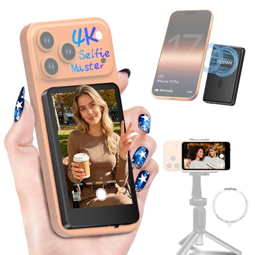Moman Vlog Selfie Monitor Screen for iPhone 7-17 Series, 4K 60fps & Encrypted Private Wireless, Magnetic Back Camera Monitor, P2P Wireless, 164 ft Range for TikTok, YouTube, Photo & Video Kits, Black