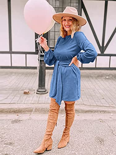 Image of PRETTYGARDEN Womens Spring Elegant Long Lantern Sleeve Short Dress Wedding Guest Crewneck Tie Waist Knit Cocktail Dresses