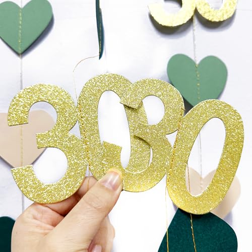 Image of Sage Green Gold 30th Birthday Decorations Sage Green Gold Heart Garland Streamer Banner Backdrop for Women Happy 30th Birthday Dirty Thirty Cheers to 30 Years Old Fabulous Anniversary Party Supplies