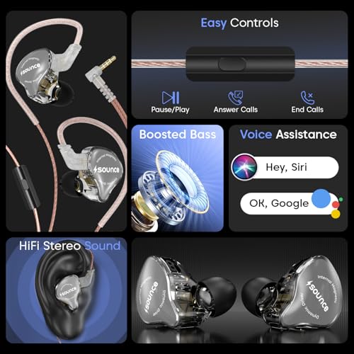 Image of Sounce EDC Pro HiFi IEM Wired Earphone Dynamic Driver In-Ear Monitor with Silver-Plated OFC Cable 0.75mm Detachable 2Pin Design Studio Grade Sound for Musicians Audiophiles Enhance Performance (Black)