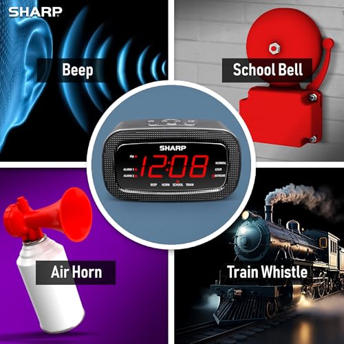 Image of Sharp Shockwave 105dB Super Loud Alarm Clock for Heavy Sleepers, Dual Alarm | Air horn, school bell, train whistle, beep, 3 volume levels, 9-minute snooze, 4-step dimmer, red LED, AA battery backup