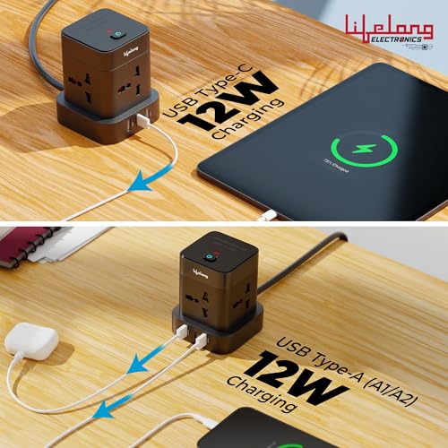 Image of Lifelong Electronics Extension Board 7-in-1 with Switch | 4 AC Sockets + 3 USB Ports (2 Type A + 1 Type C) | Overload Protection | Desk Accessories & Multiplug Gadget | 2M Cord (Model: Cube)