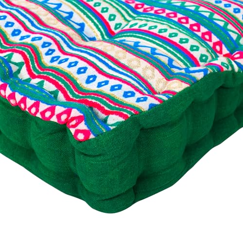 Image of Woven Quilted Floor Cushion Set 50x50x10 CM Green Boho with Fillers & Back Cushion, Large Size for Seating, Patio Seat, Meditation, Yoga, Pooja, Guests, Living 20x20x4 Inch