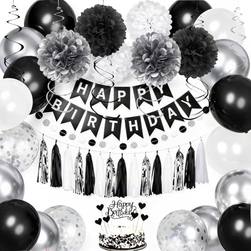 YGYXMY Birthday Decorations for Men Black and Silver Party Decorations Black and White Party Supplies - Happy Birthday Banner Balloons Hanging Swirls Tassels Garland
