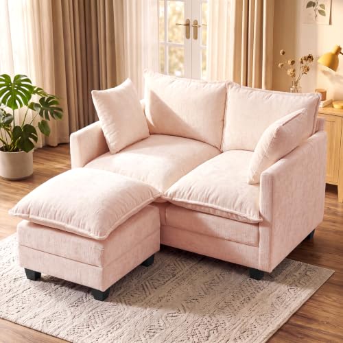 Image of KYJ Cloud Loveseat Sofa Couch with Ottoman 3 Layer Cushion for Small Spaces | 50 inch Chenille Small Sofa, 27 inch Deep Seat, 2 Washable Pillow, in a Box for Bedroom & Living room, Singles, Couple & Kid, Pink