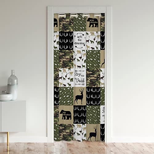 Loussiesd Deer Decorative Door Curtain for Doorway Privacy Bear Camouflage Window Treatments Set for Bedroom Deer Hunting Arrow Green Grid Plaid 30%-50% Room Darkening Blackout Curtain 132x203cm