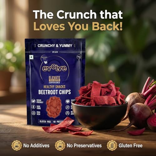 Image of Evolve Healthy Baked Beetroot Chips Snacks for Kids, Adults | Gluten Free, Low Calorie, Vegan | No Additives, Crunchy Spicy Snack- 100g Pack of 4