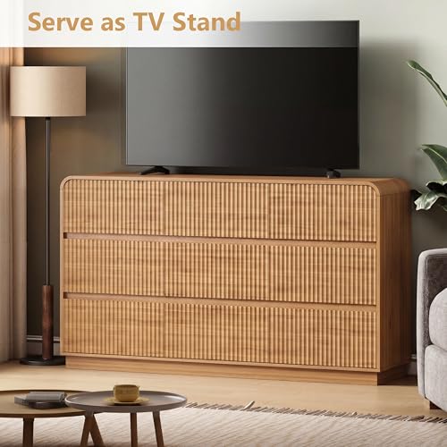 Image of Walnut Dresser Fluted 9 Drawers Dresser for Bedroom, 59 inch Wide Wood Chest of Drawers with Hidden Handles & Rounded Corners, Modern TV Stand Storage Cabinet for Living Room, Hallway, Entryway
