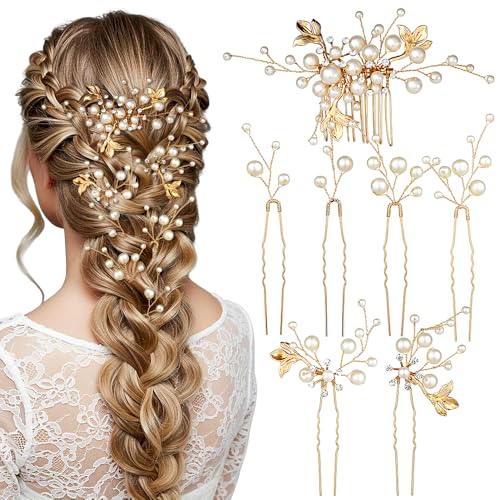 7 Stück Braut Haarschmuck Hochzeit Gold Hair Comb Perlen U-Förmige Haarnadeln mit Strass Blätter...