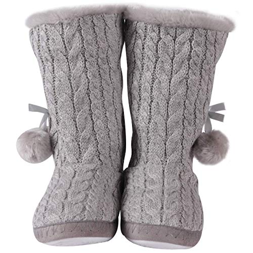 Forfoot Slipper Boots for Women, Indoor Home Slipper Booties for Ladies with Knitted Upper and Bow (Large,Grey)