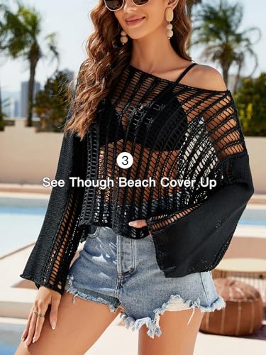 KEOMUD Women Crochet Knit See Through Tops Cover Up Fashion Long Sleeve Crew Neck Short Top3