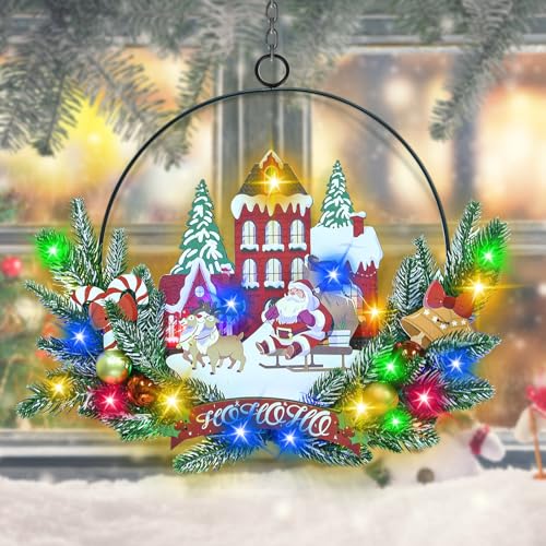 Pre-Lit Christmas Wreath for Front Door, Lighted Santa with 6H On/18H Off - image 1