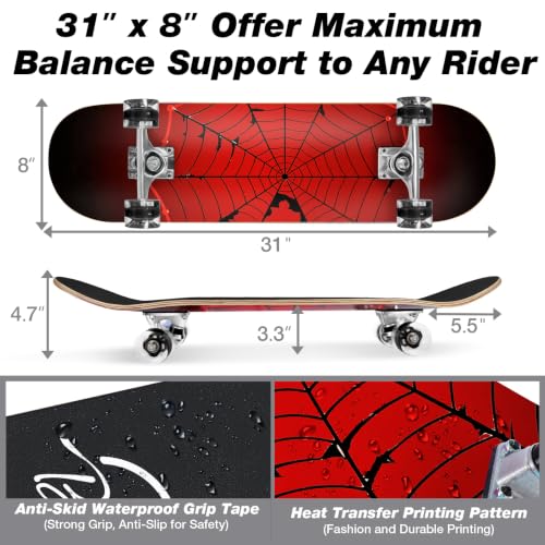 Image of BELEEV Skateboards for Beginners, 31 x 8 inch Complete Skateboard for Kids Teens Adults, 7 Layer Canadian Maple Double Kick Deck Concave Cruiser Trick Skateboard with Multifunction Skate T-Tool