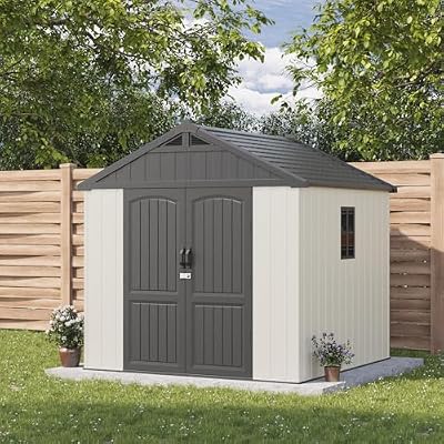 Patiowell 8 x 8 FT Plastic Outdoor Storage Shed with Floor, Resin Shed with Window and Lockable Door for Garden, Backyard, Tool Storage Use, Easy to Install in Beige (Kick-it Shed)