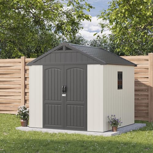 Image of Patiowell 8 x 8 FT Plastic Outdoor Storage Shed with Floor, Resin Shed with Window and Lockable Door for Garden, Backyard, Tool Storage Use, Easy to Install in Beige (Kick-it Shed)