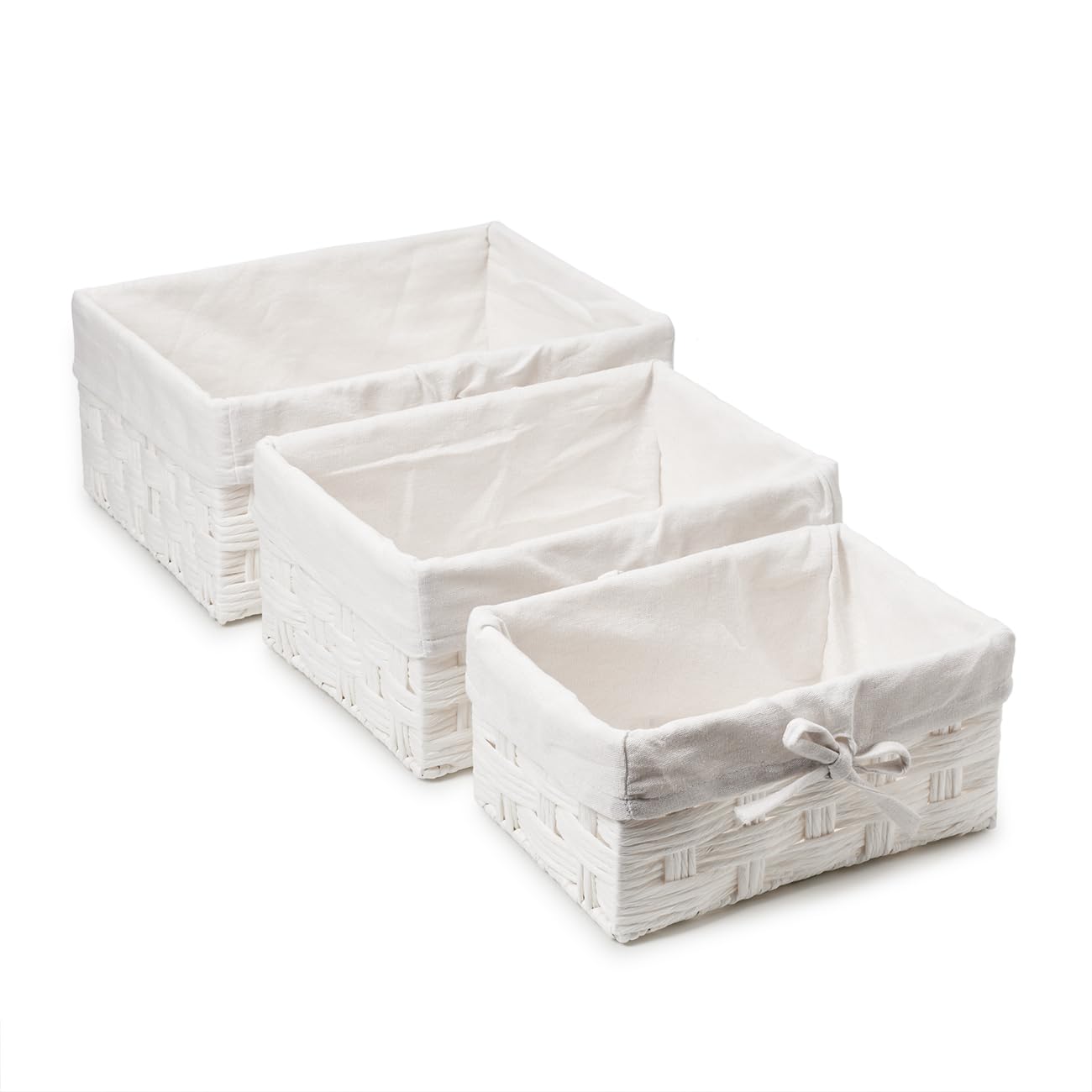EZOWare Lot de 3 Boîtes de rangement de Papier Torsadé, Panier Tressé Décorative avec Doublure en Tissu pour la chambre de bébé, les jouets pour enfants, la maison - (3 Tailles, Blanc)