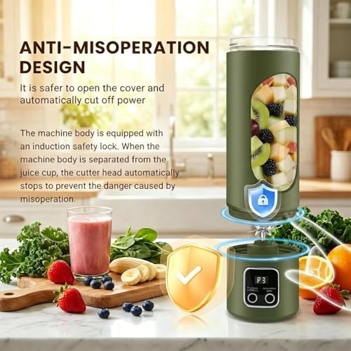 Image of Portable Electric Blender Bottle with Digital Display, Rechargeable Smoothie Maker, USB Juicer Mixer Grinder for Shakes, Juices, Baby Food & Protein Drinks Leakproof & Travel Friendly (Green)
