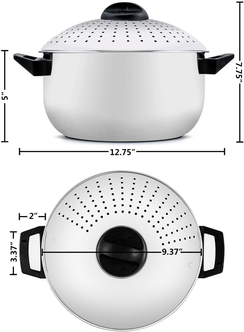 Nudeltopf aus Edelstahl mit Siebdeckel, 4,8 Quart, Verriegelung zum Kochen von Nudeln, Gemüse und Saucen
