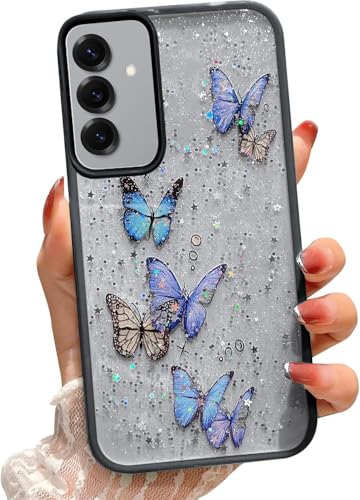 Image of VONZEE for Samsung Galaxy S25 Plus 5G Clear Glitter Butterfly Case, Cute Bling Sparkle Shiny Soft Silicone TPU Bumper Shockproof Women Girls Slim Protective Phone Cover for Galaxy S25 Plus 5G, Black
