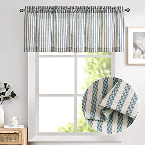 Vangao Kitchen Valance Linen Stripe Short Curtain Farmhouse Country Rustic Pinstripe Tickingstripe Light Filtering Rod Pocket Window Topper Treatment 16 Inch 1 Panel Blue On Beige #TOP1