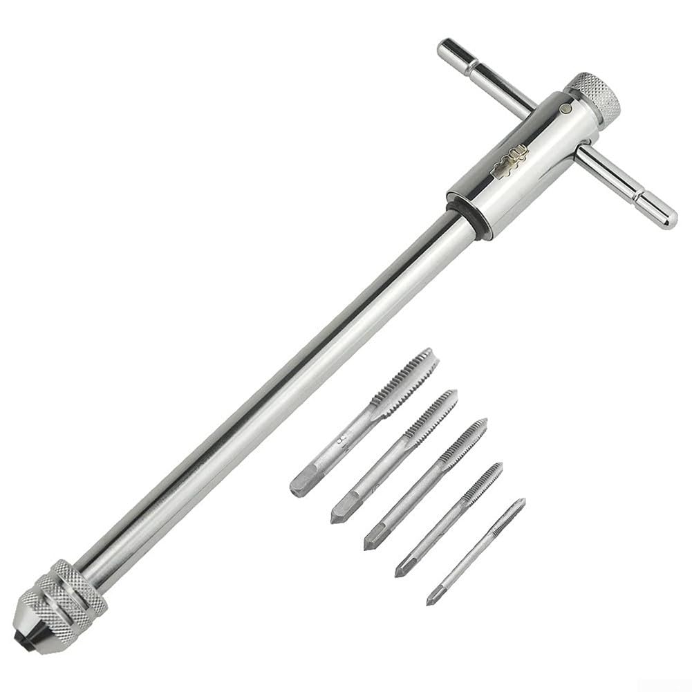 Ratchet Tap Wrench Set, Adjustable T-Handle with 5 Alloy Steel Taps M3-M8, Reversible Hand Tool for DIY and Metalworking