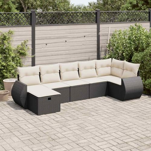 Homgoday Sofa Ratan Sofa Jardin Exterior Rattan Garden Furniture sofá terraza Set de sofás de jardín 7 pzas con Cojines ratán sintético Negro con almacenaje Negro y Crema