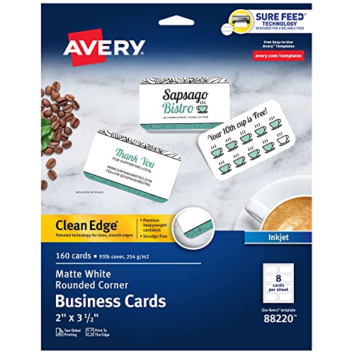Avery Clean Edge Printable Business Cards with Sure Feed Technology, Rounded Corners, 2' x 3.5', White, 160 Blank Cards for Inkjet Printers (88220)