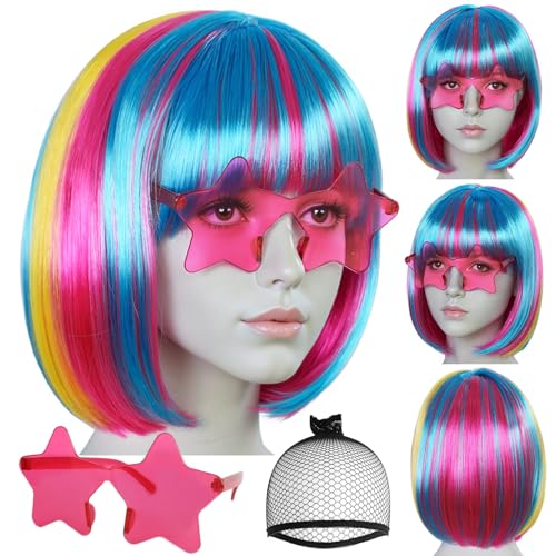 Image of ANOGOL Hair Cap + (Sunglasses) Rainbow Wig Yellow Blue Pink Bob Wig with Bangs Womens Party Wigs with Star-Shaped Glasses Short Neon Wig Daily Party Fun Wigs Women Halloween Costume Bachelorette Hair