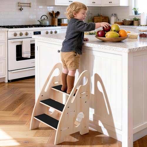 Toddler Step Stool Wooden Height-Adjustable 3-Step Stool for Kids Potty Training Stool with Handles and Non-Slip Pads for Bathroom Sink Kitchen Bedroom